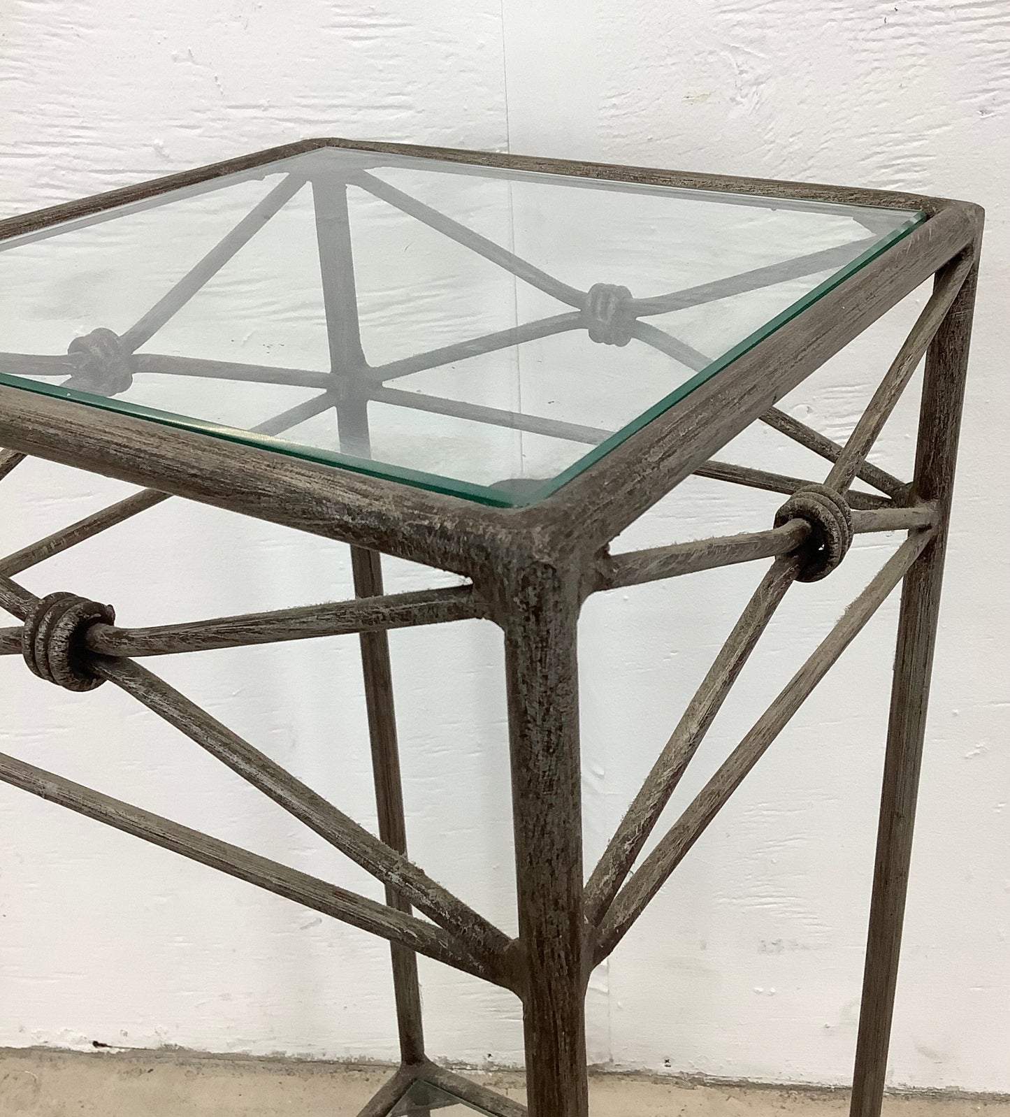 Pair Iron & Glass Modern Pedestal Side Tables-