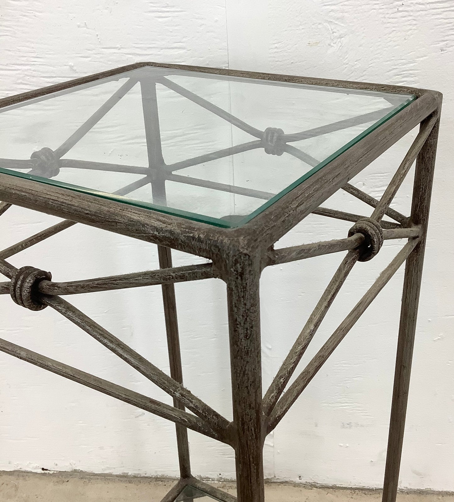 Pair Iron & Glass Modern Pedestal Side Tables-