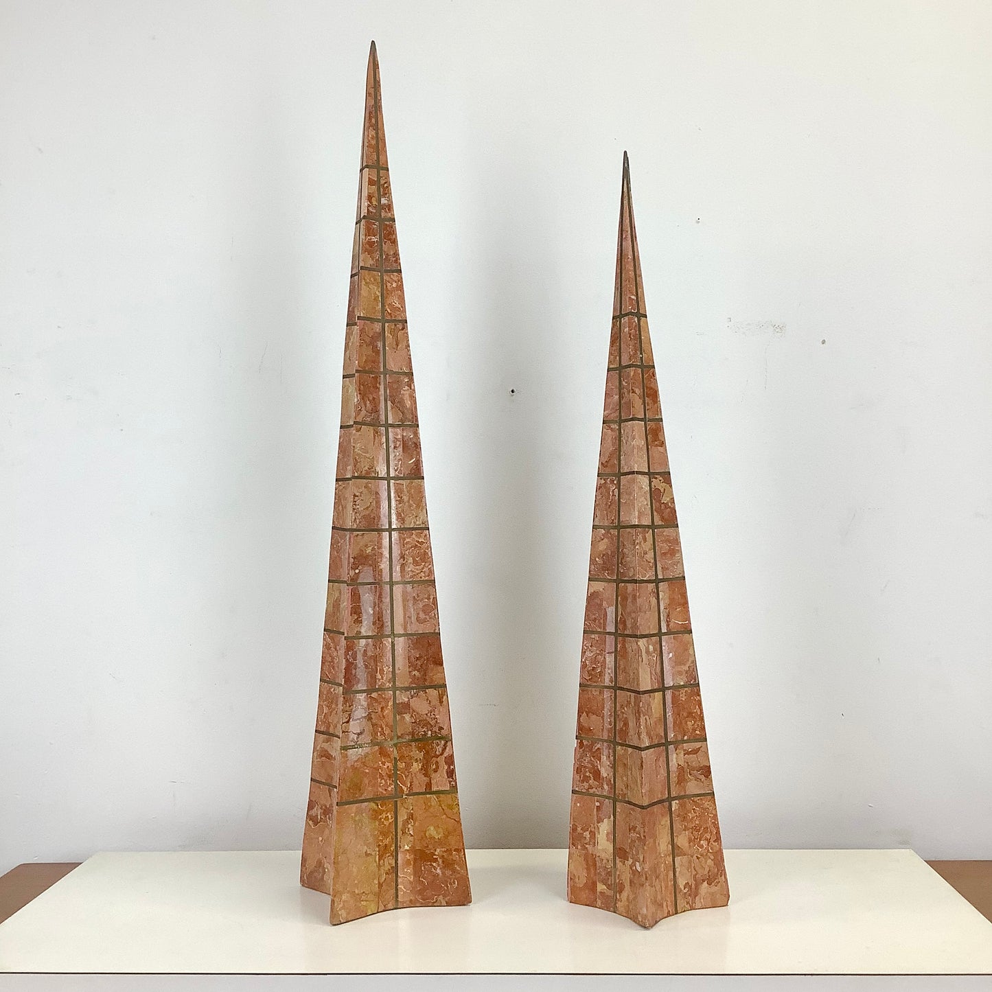 Casa Bique Blush Marble and Brass Obelisks Attr. Robert Marcius- Pair